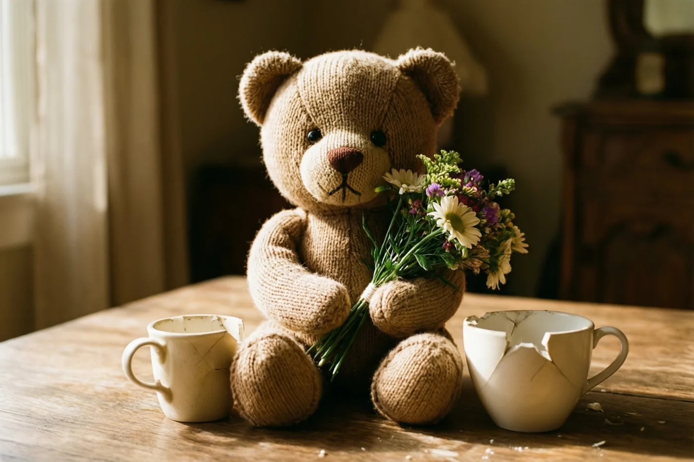 Een gebreide teddybeer zit op een houten tafel met een boeketje veldbloemen naast twee gebroken keramieken mokken in het zonlicht van een raam.