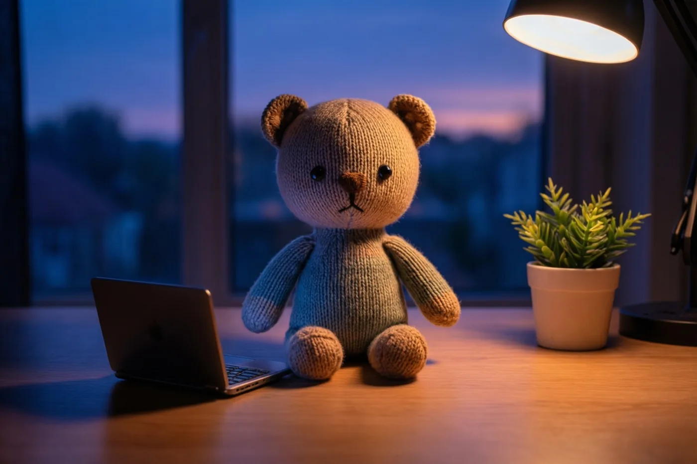 Een gebreide teddybeer zit aan een houten bureau naast een laptop en een plant, onder een warme bureaulamp en voor een raam met schemerlicht.