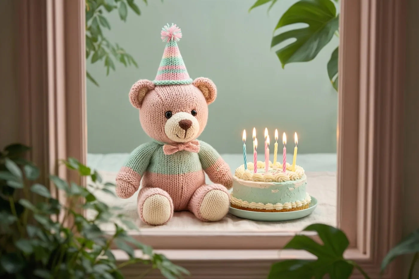 Een gebreide teddybeer met een feesthoedje zit naast een taartje met brandende kaarsjes op een vensterbank, tussen groene planten en zachte pastelkleuren.