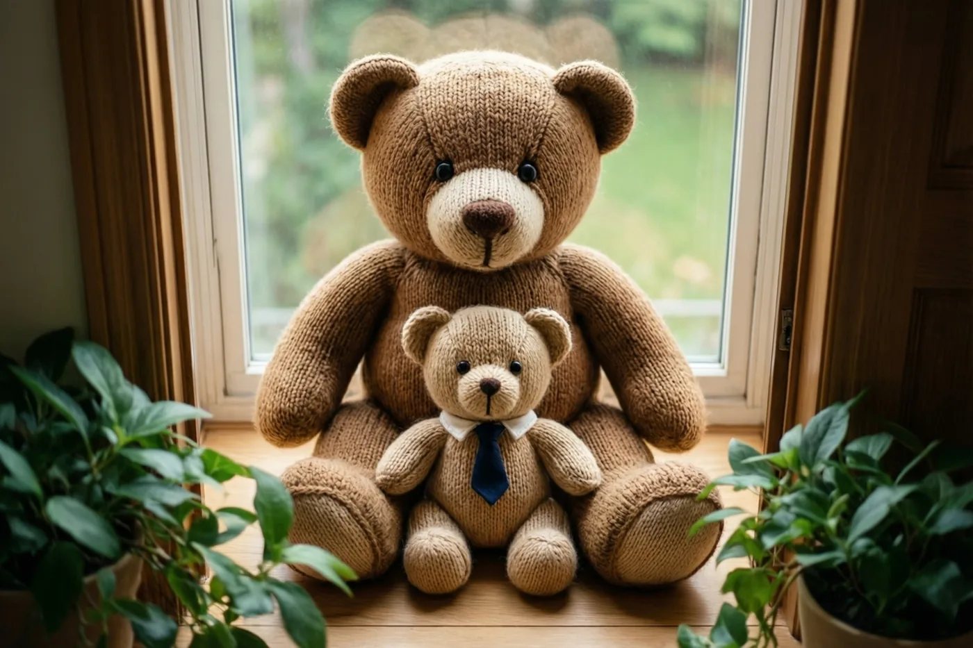 Een grote en een kleine gebreide teddybeer zitten op een houten vensterbank tussen groene potplanten, het kleintje met een dasje, met een wazige tuin op de achtergrond.