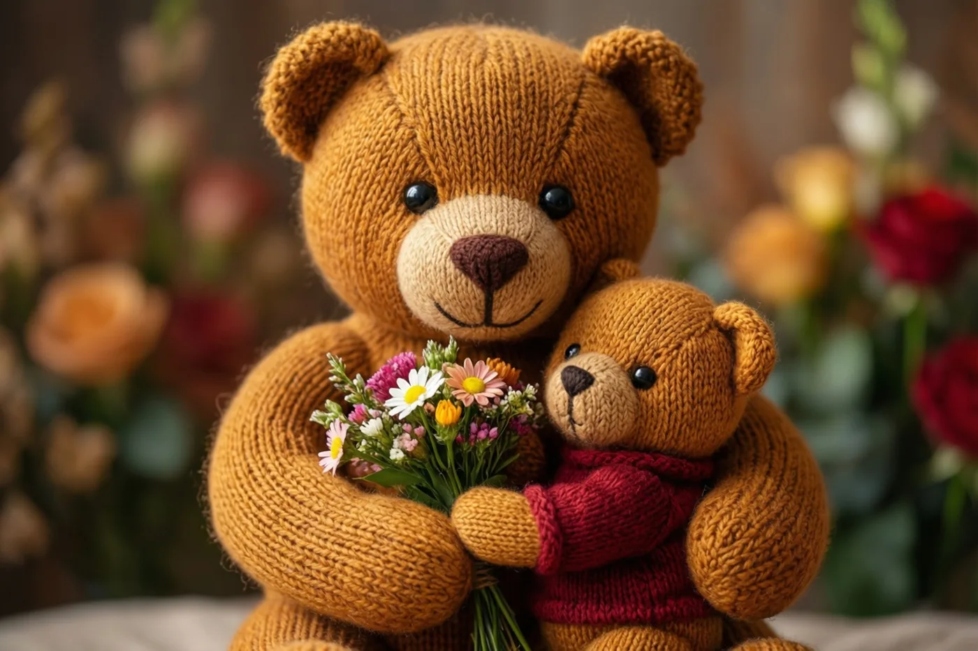 Een grote en een kleine gebreide teddybeer omhelzen elkaar met een boeketje kleurrijke bloemen tussen hen in, voor een onscherpe achtergrond met rozen.