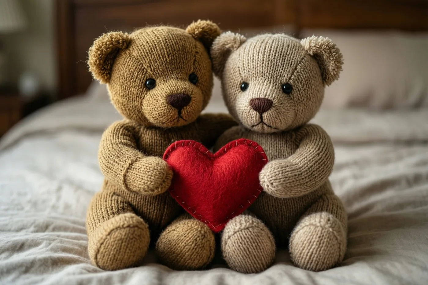 Twee gebreide teddyberen zitten op een zacht verlicht bed met neutraal beddengoed en houden een rood vilten hart tussen hun pootjes.