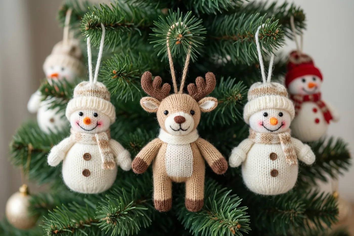 Gebreide miniatuurrendieren en sneeuwmannetjes hangen aan de takken van een kleine kerstboom in groene, crèmekleurige en bruine tinten.