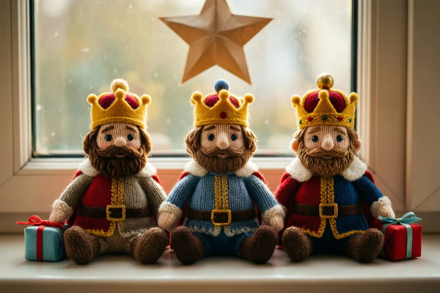 Drie gebreide koningen met vilten kronen en kleine geschenken zitten op een vensterbank onder een papieren ster, in warm licht met rood, goud en blauw.