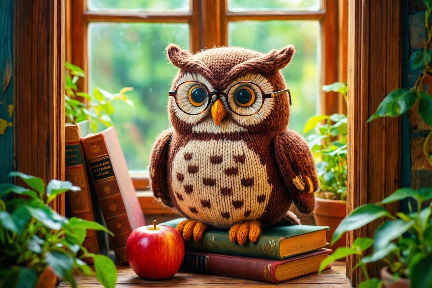 Een gebreide bruin-crèmekleurige uil met een ronde bril zit op een stapel boeken op een houten vensterbank, naast een rode appel en tussen groene potplanten.
