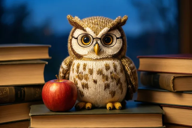Een gebreide uil met een klein brilletje zit op een stapel boeken naast een rode appel, tegen een onscherpe blauwe achtergrond.