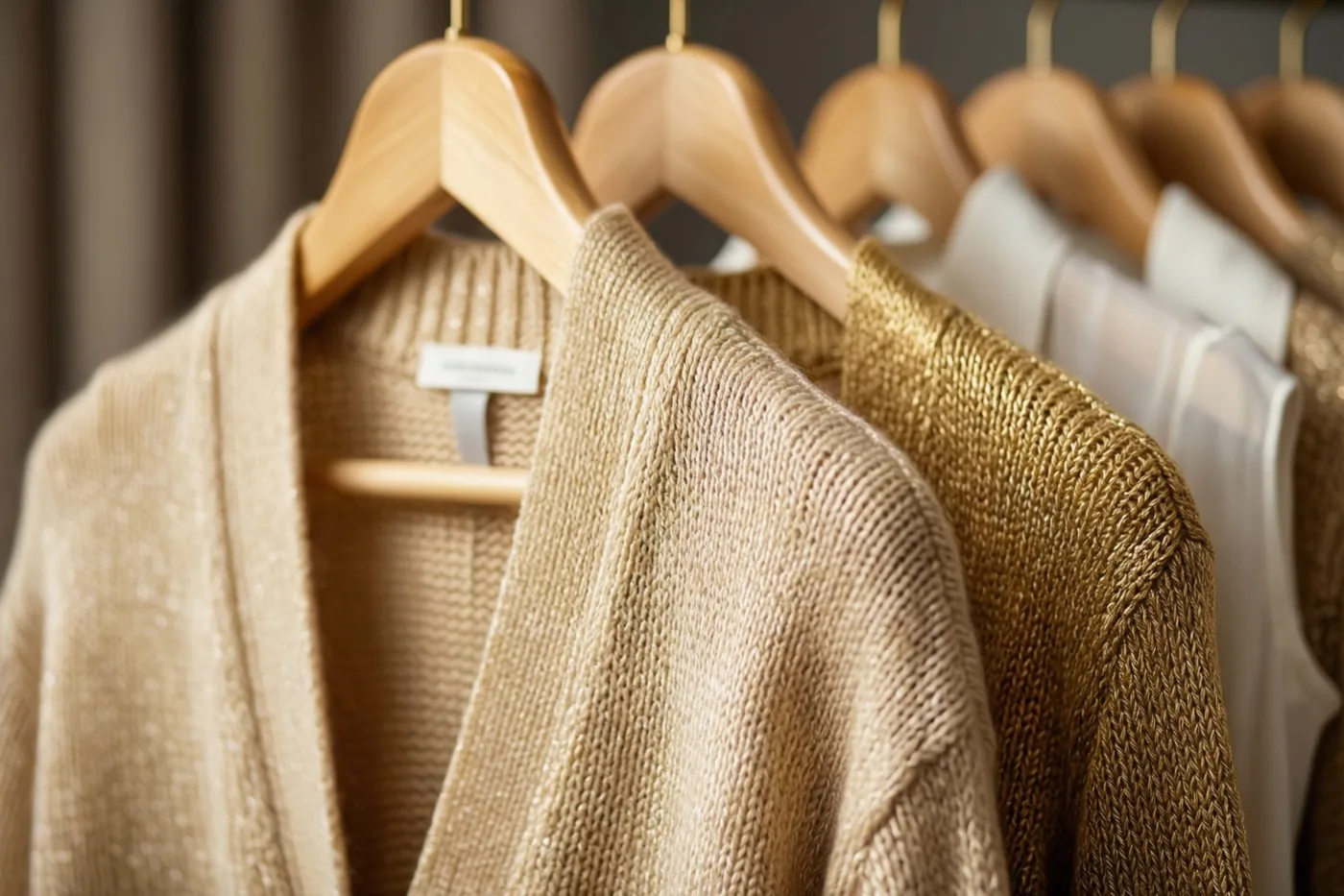 Een rij gebreide vesten hangt op houten kleerhangers, met een beige vest scherp in beeld en een goudkleurig vest ernaast, in warm zacht licht.