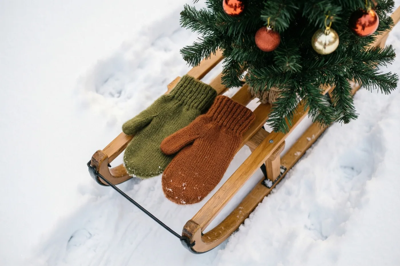 Een houten kinderslee met een olijfgroene en een roestbruine gebreide want staat in de sneeuw onder een klein kerstboompje met rode en gouden versiering.