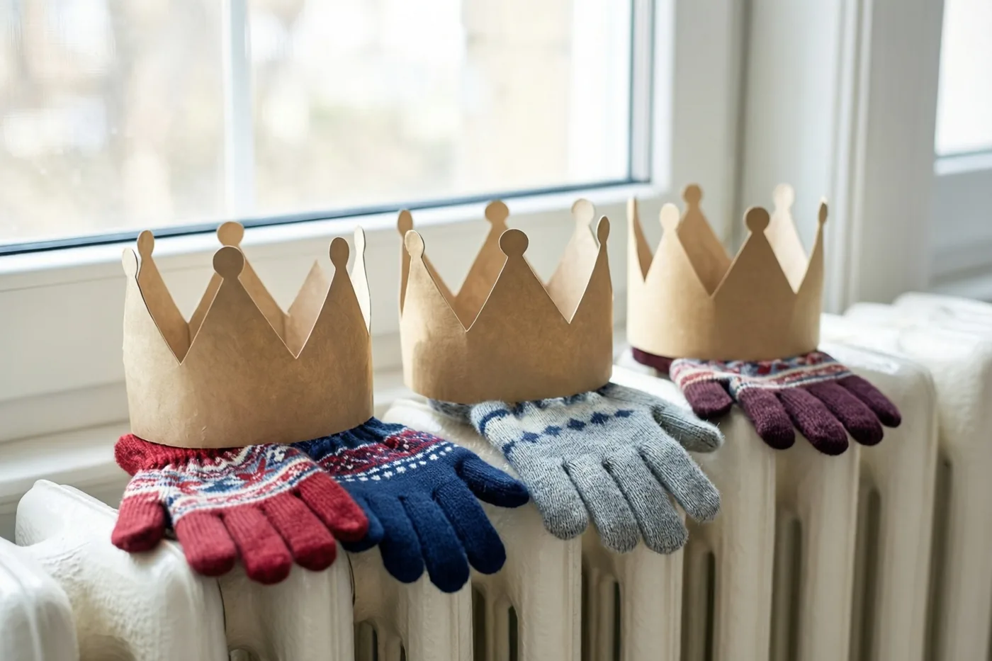 Drie paar gebreide kinderwanten met papieren kronen liggen op een witte radiator onder een raam, met rood, blauw, grijs en beige als hoofdkleuren.