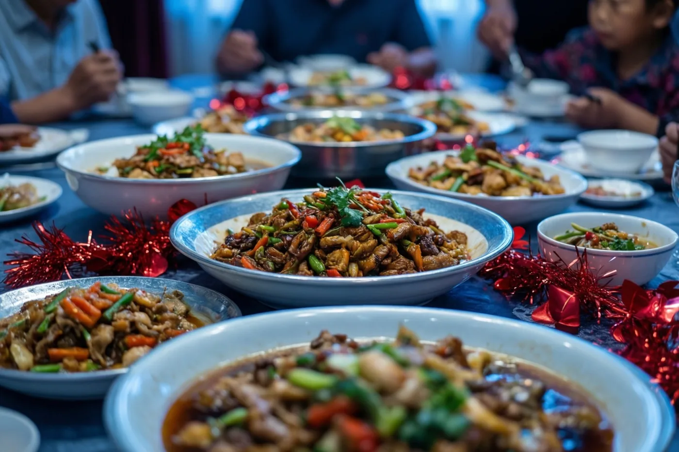 Mensen zitten rond een tafel vol schotels met roergebakken vlees, groenten en groene kruiden, versierd met rode glitterslingers.