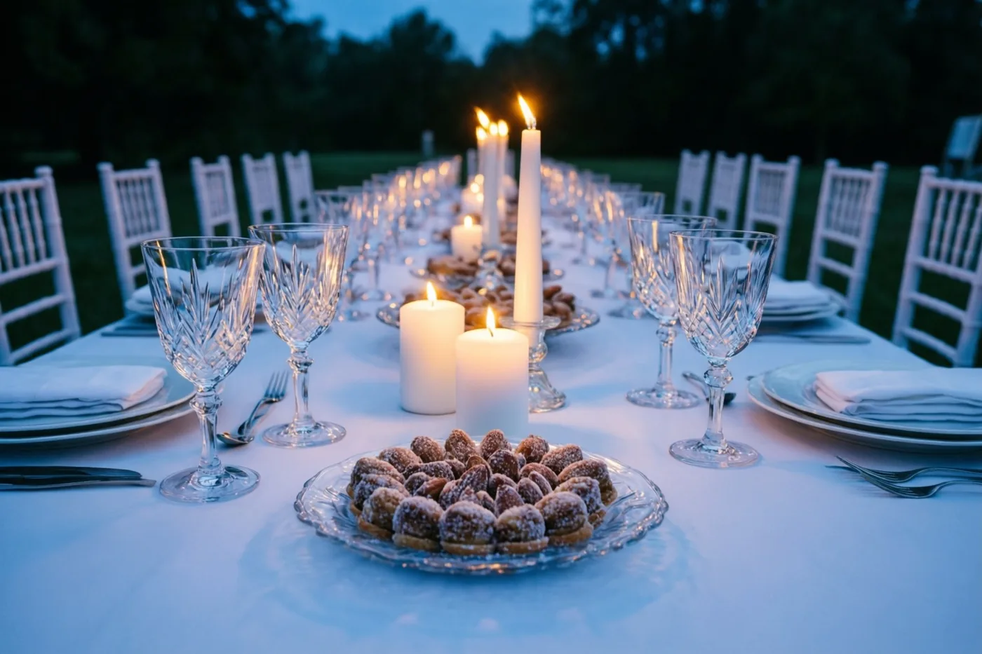 Een lange buitentafel met wit linnen, kristallen glazen, brandende witte kaarsen en een bord suikerbonen staat in de schemering, met bomen en witte stoelen op de achtergrond.