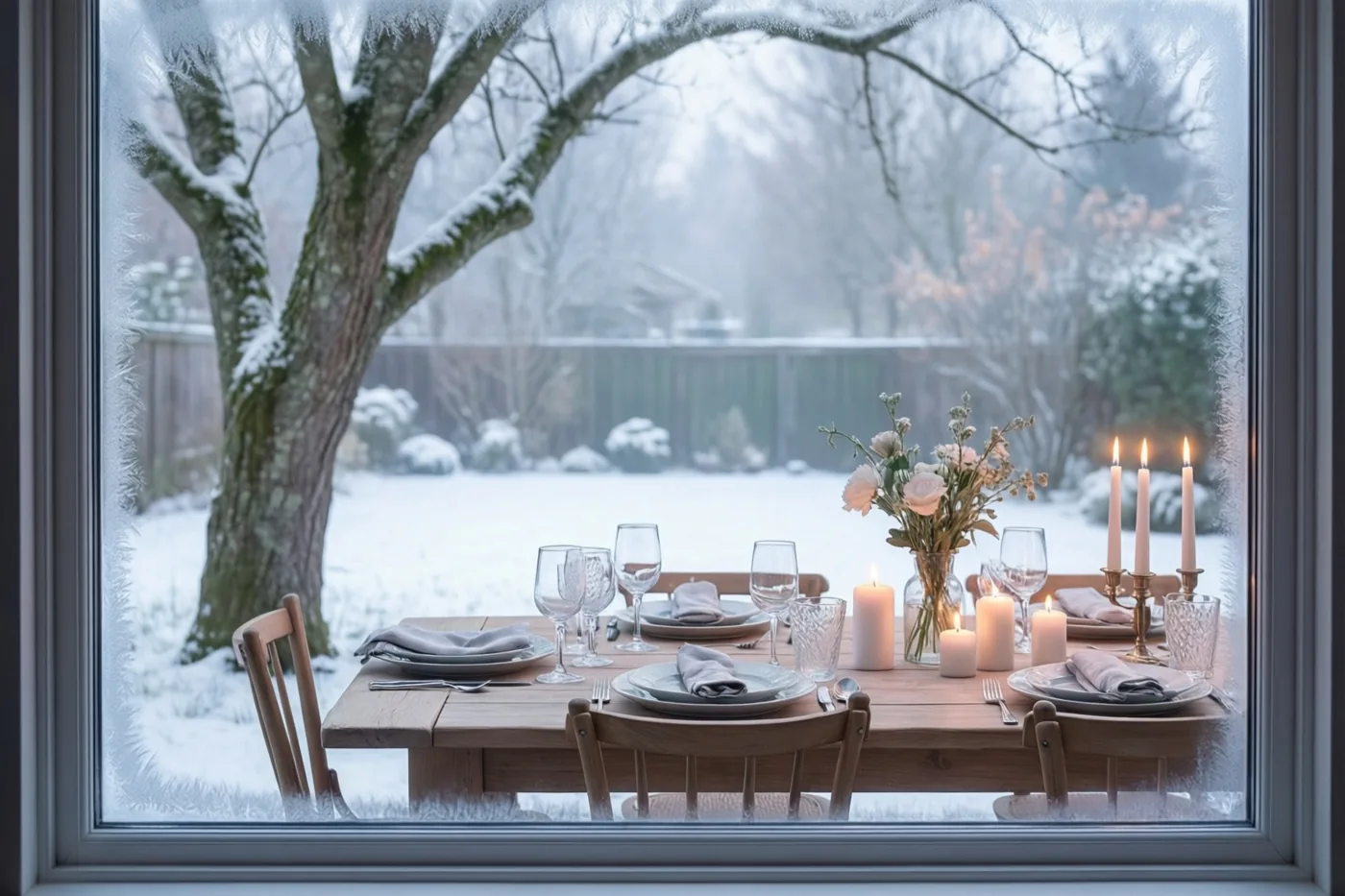 Vanuit een besneeuwde tuin met een besneeuwde boom is door een berijpt raam een houten eettafel met borden, bestek en brandende kaarsen te zien.