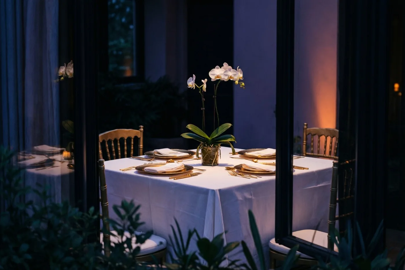 Door een glazen deur is bij schemering een tafel met wit linnen, goudkleurig bestek en losse orchideetakken te zien, met donkere houten stoelen en groen op de voorgrond.