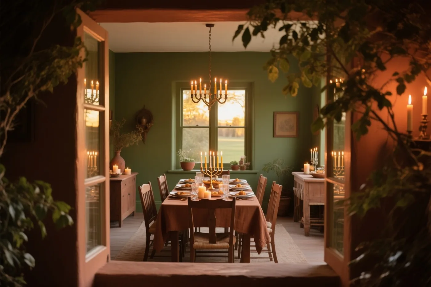Door een open deur is een eetkamer met groene muren te zien, met een lange gedekte tafel, brandende kaarsen en een kroonluchter in goudkleurig licht.