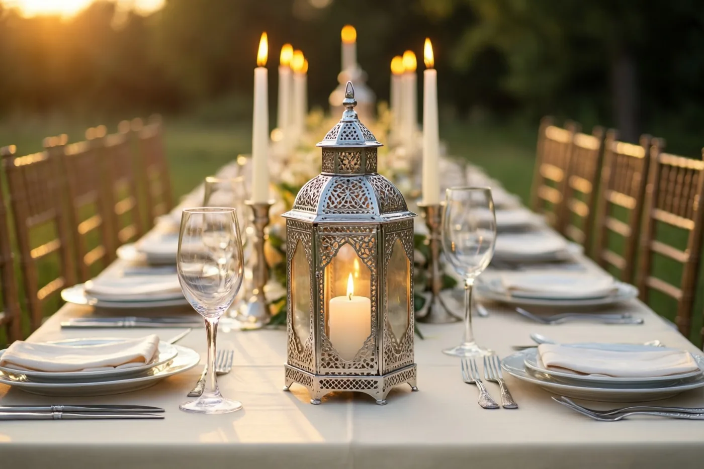 Een lange buitentafel met witte borden, bestek, wijnglazen en hoge kaarsen staat in het gouden licht van de ondergaande zon, met een opengewerkte zilveren lantaarn met een brandende kaars in het midden.