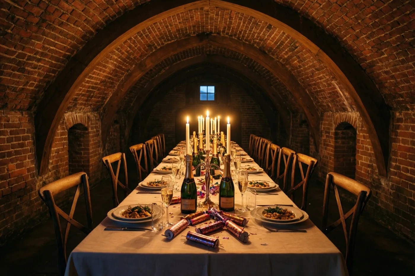 Een lange tafel met een wit tafelkleed, champagneflessen, borden eten en feestcrackers staat bij kaarslicht in een bakstenen gewelfkelder.