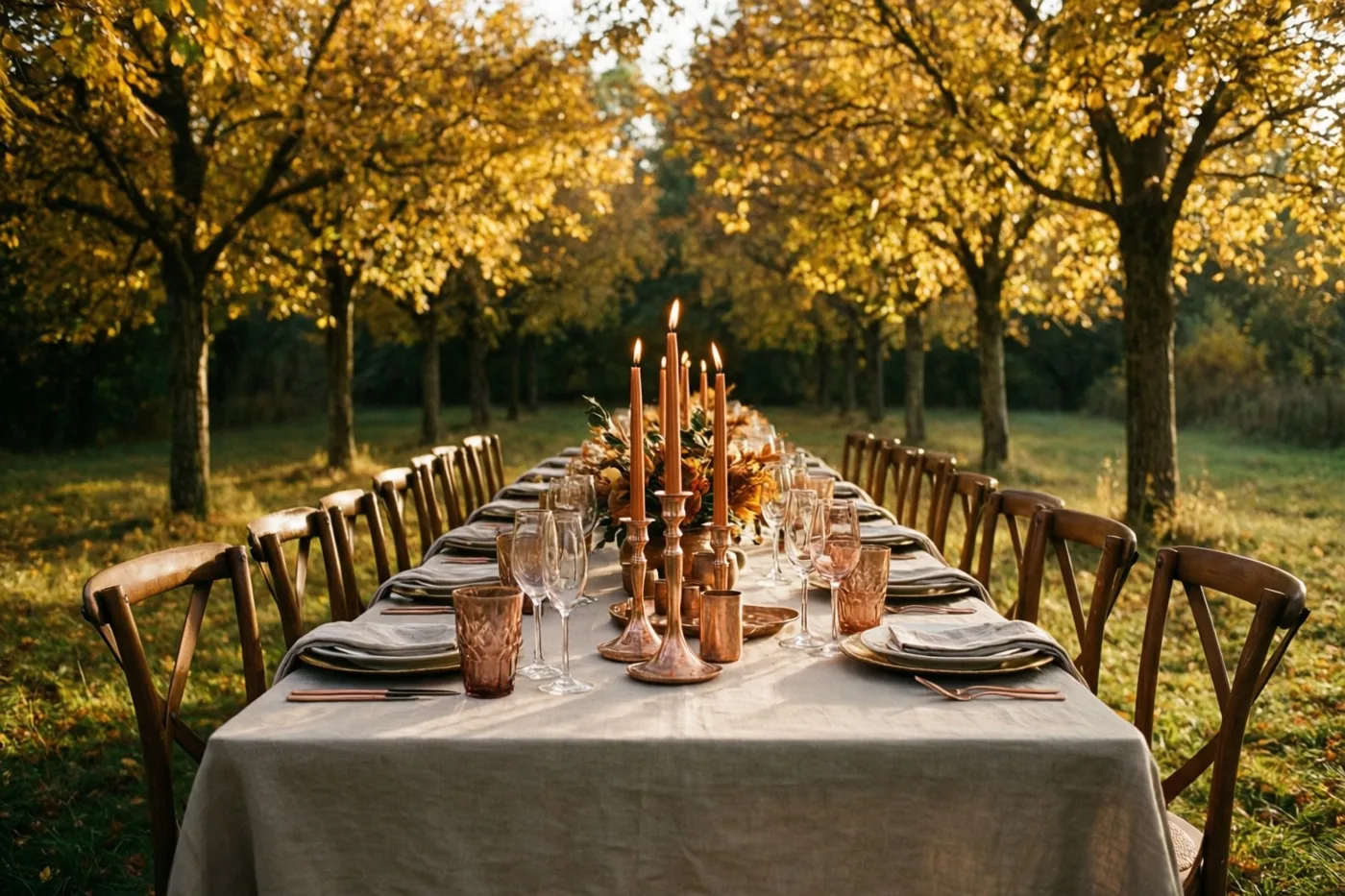 Een lange buitentafel met een linnen tafelkleed, koperen kandelaars en glazen staat onder gouden herfstbomen waar warm zonlicht doorheen valt.