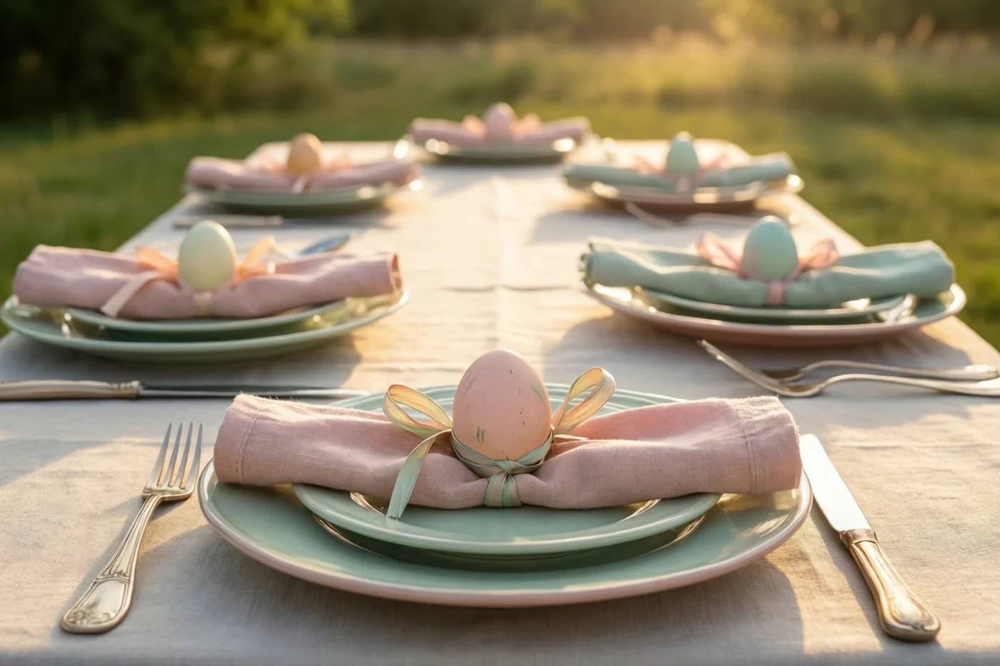 Een tafel in een grasveld is gedekt met borden, bestek en opgerolde linnen servetten die met linten rond beschilderde eieren zijn gebonden, in warm zonlicht en tinten pastelroze, mintgroen en crème.