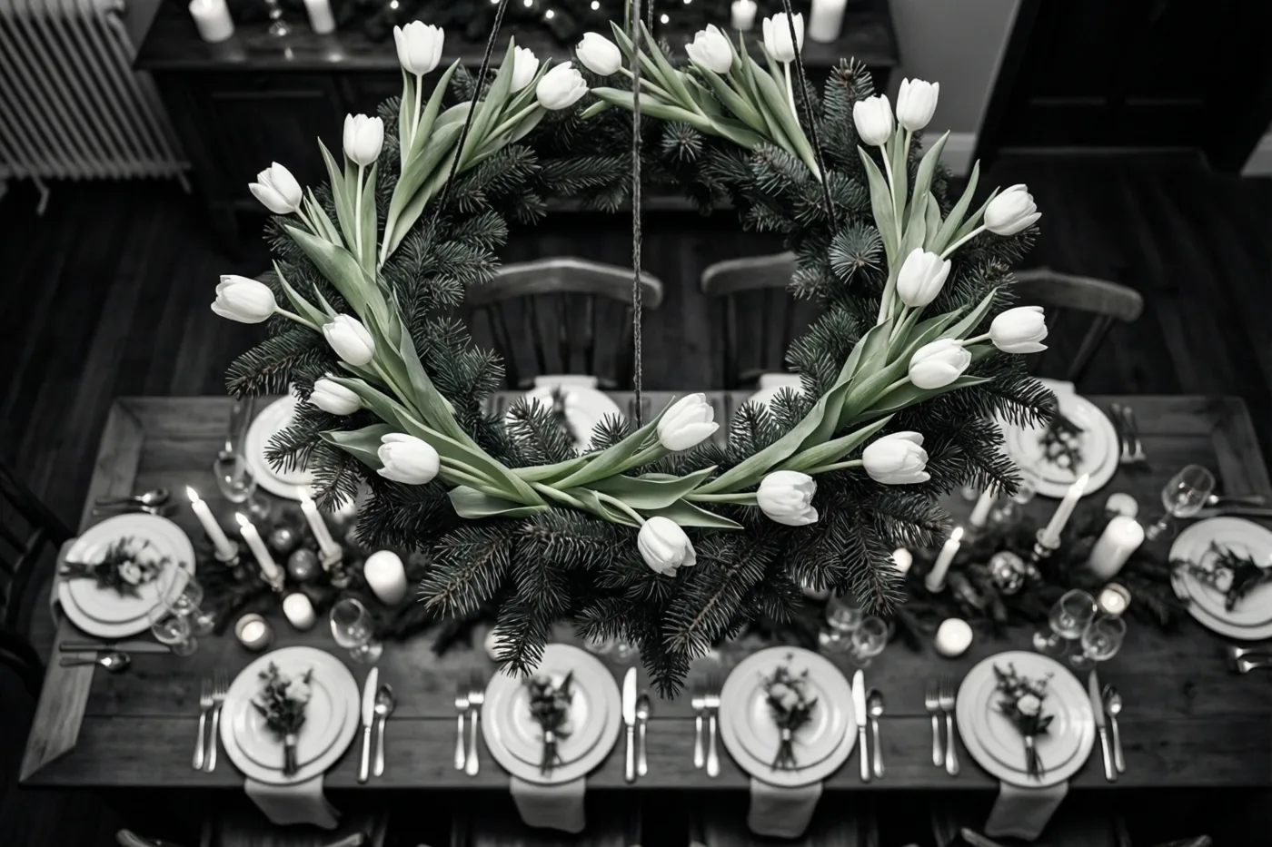 Op een monochrome foto hangt een krans van witte tulpen en dennentakken boven een lange houten kersttafel met symmetrisch geschikt servies en kaarsen.
