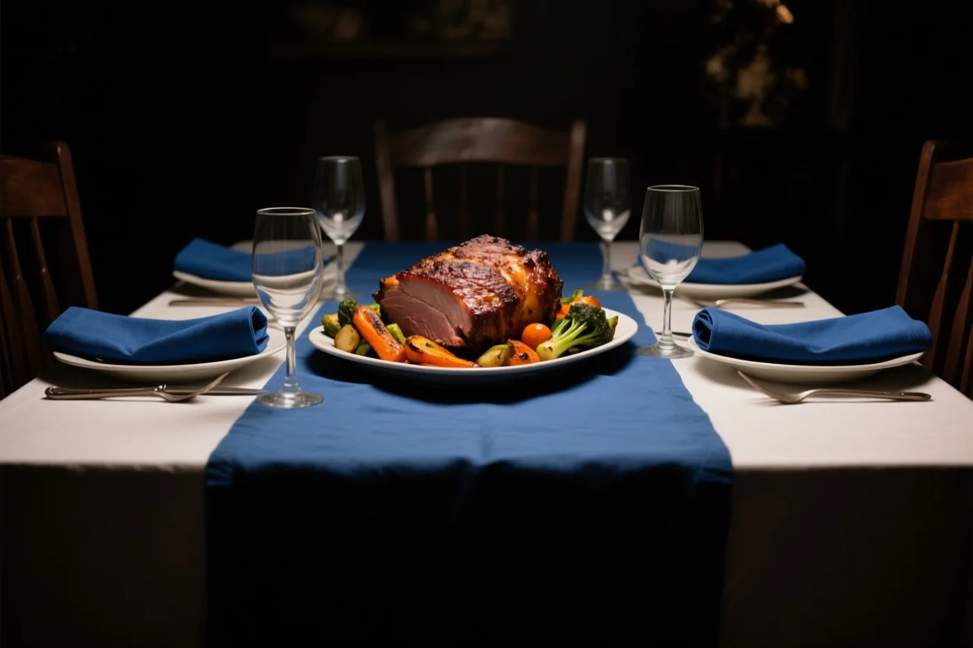 Een gedekte tafel met een blauwe loper, witte borden, blauwe servetten en wijnglazen toont gebraden rundvlees met geroosterde groenten in gedempt licht.
