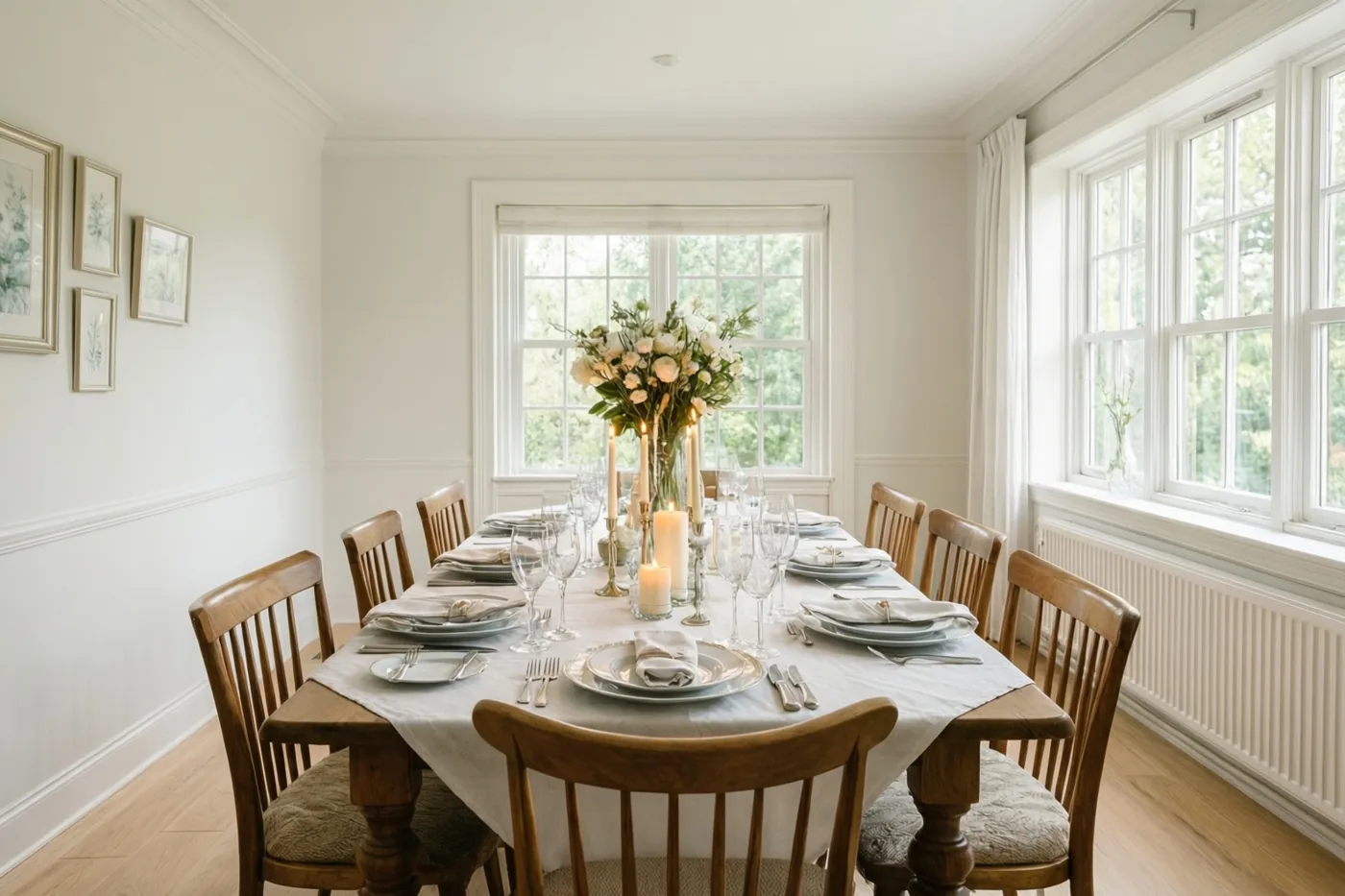 Een lange houten eettafel is gedekt voor acht personen met witte borden, gevouwen servetten, glazen, een bloemstuk en brandende kaarsen in een lichte kamer met witte muren, houten stoelen en grote ramen.