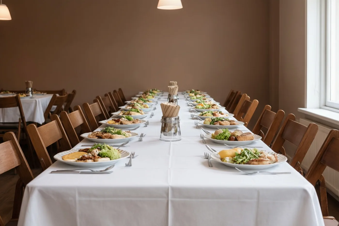 Een lange tafel met een wit tafelkleed, borden met eten en bestek staat tussen houten stoelen in een warm verlichte kamer met bruine muren en ramen.