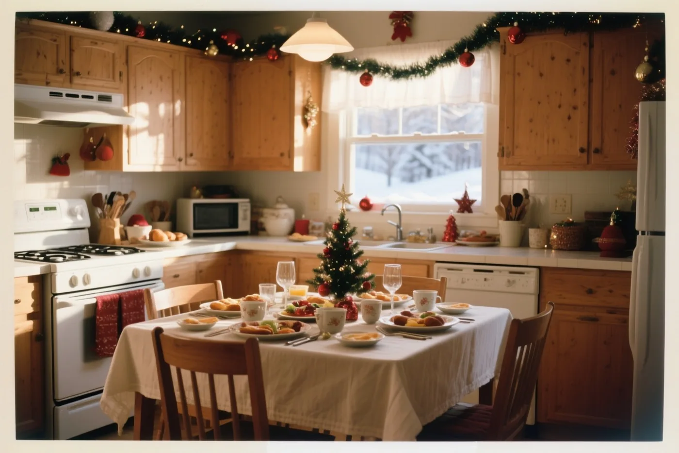 Winterzon verlicht een keuken met een gedekte tafel, een klein kerstboompje en feestelijke slingers, terwijl buiten het raam sneeuw ligt.