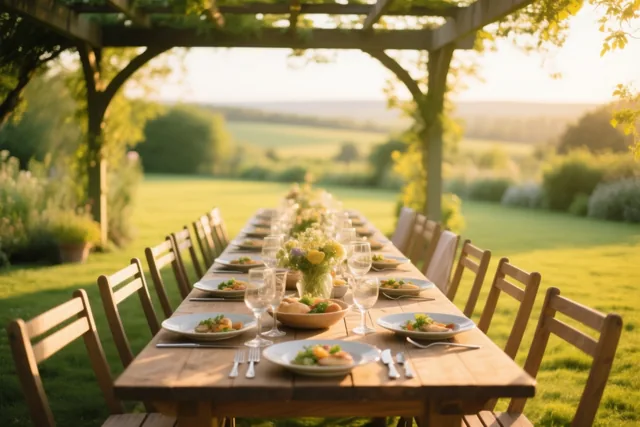 Een lange houten tafel met witte borden, wijnglazen en bloemstukken staat onder een houten pergola in een groene tuin in warm goudkleurig zonlicht.