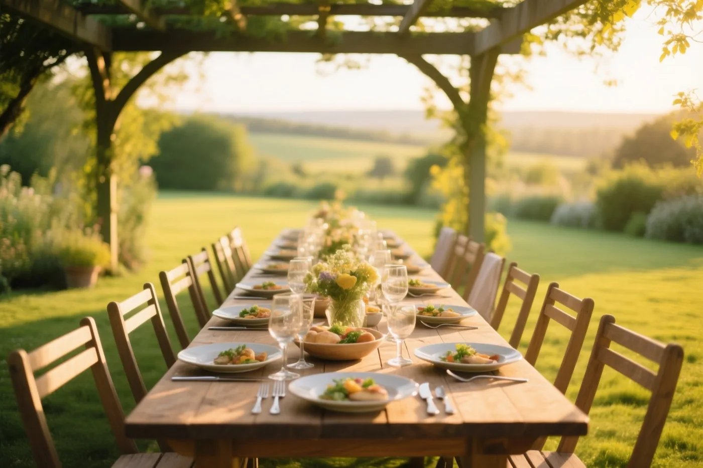Een lange houten tafel met witte borden, wijnglazen en bloemstukken staat onder een houten pergola in een groene tuin in warm goudkleurig zonlicht.