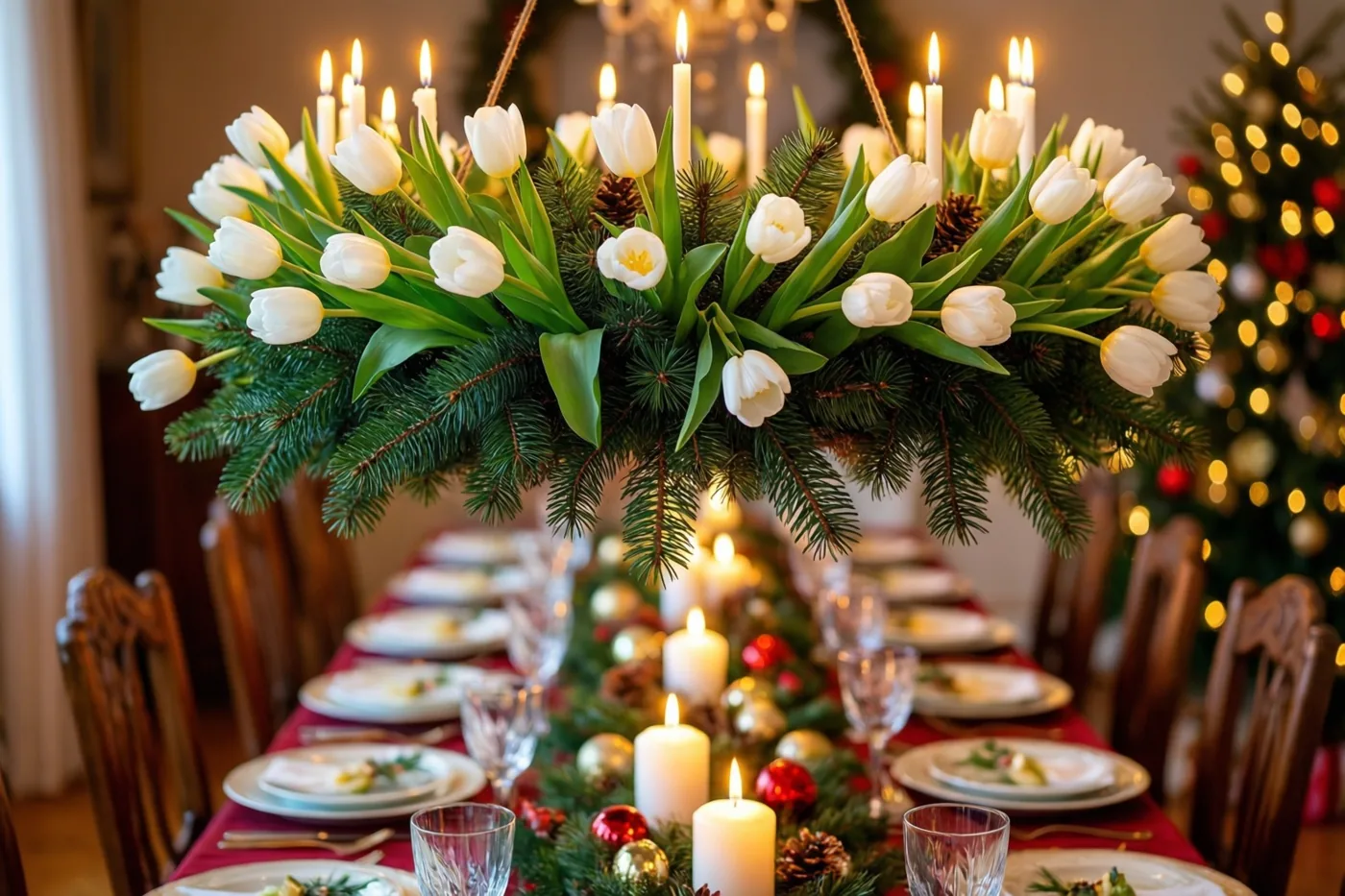 Een lange eettafel is gedekt met een rood tafelkleed, borden, glazen en kaarsen, met erboven een hangende ring van witte tulpen, dennentakken en brandende kaarsen.