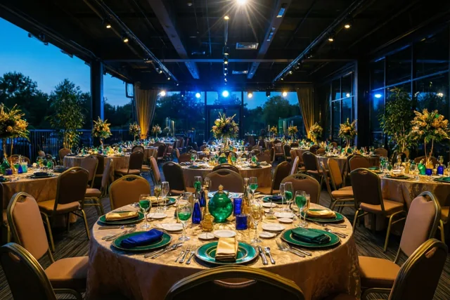 Ronde tafels met een verzorgde feestelijke tafelschikking staan in een warm verlicht restaurant met gouden, groene en blauwe tinten.