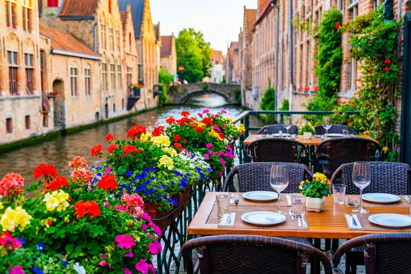 Een terras langs het water in een oud Vlaams stadje heeft gedekte tafels en kleurrijke bloembakken langs de kade, in warm licht met rode, gele en groene tinten.