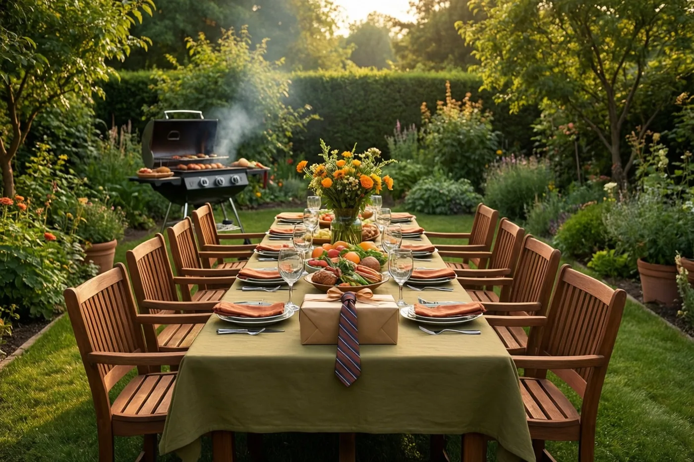 Een lange houten tafel met borden, glazen en een bloemstuk staat in een groene tuin in goudkleurig licht, met een rokende barbecue op de achtergrond.
