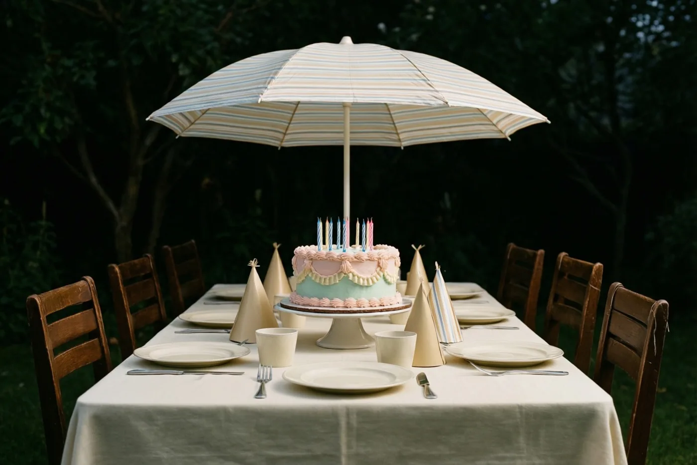 Een tuintafel met een wit kleed, een pastelkleurige taart met kaarsjes en papieren feesthoedjes bij elk bord staat onder een gestreepte parasol, omringd door houten stoelen.