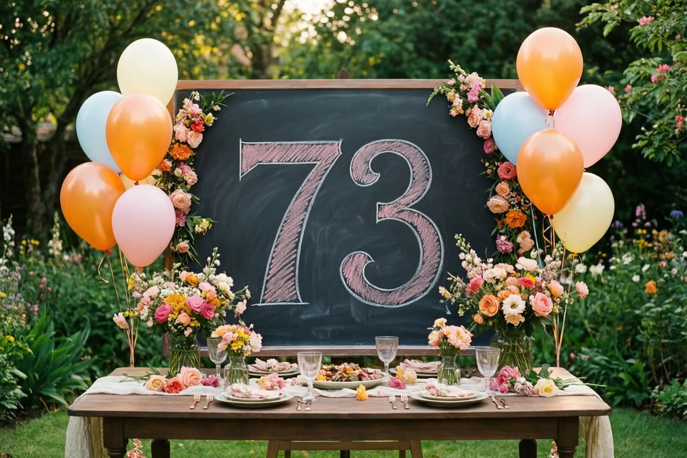Een houten tuintafel is gedekt met borden, glazen en bloemen, met daarachter een krijtbord met 73 in roze krijt en pastelballonnen rondom.