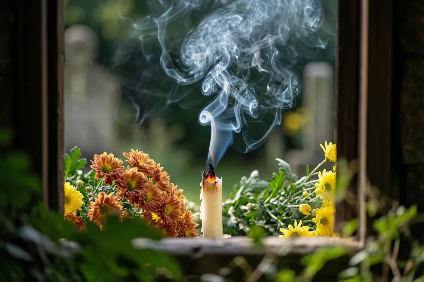 Een dun sliertje rook stijgt op uit een pas gedoofde kaars naast felgekleurde chrysanten, gezien door een houten raam met wazige grafstenen op de achtergrond.