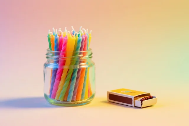 Een glazen pot met kleurrijke gedraaide verjaardagskaarsjes staat naast een open luciferdoosje op een glad oppervlak tegen een pastelroze, gele en groene achtergrond.