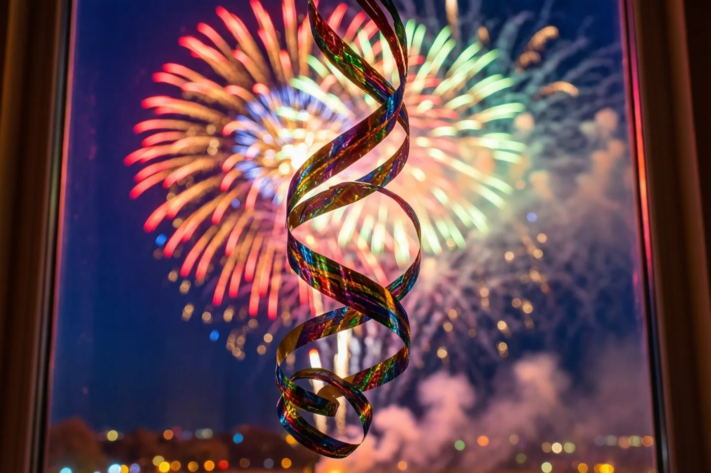 Een gedraaide metallic slinger voor een raam met een donker houten kader vangt het licht van kleurrijk vuurwerk, met wazige stadslichten eronder.