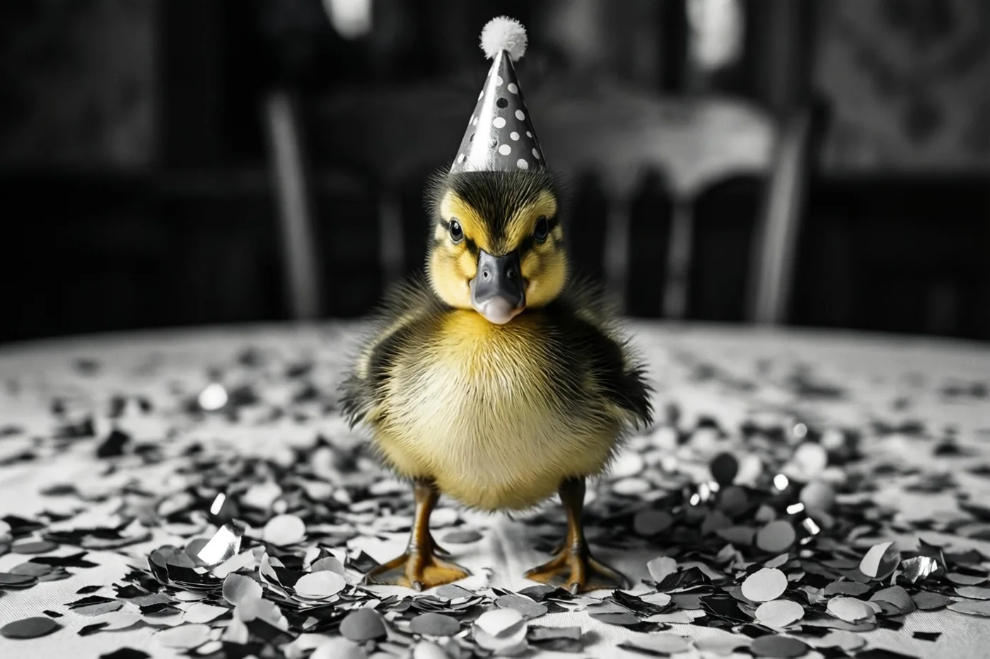 Een klein eendje met een feesthoedje met stippen staat op een tafel met confetti in een zwart-witbeeld waarin alleen zijn gele veren kleur hebben.
