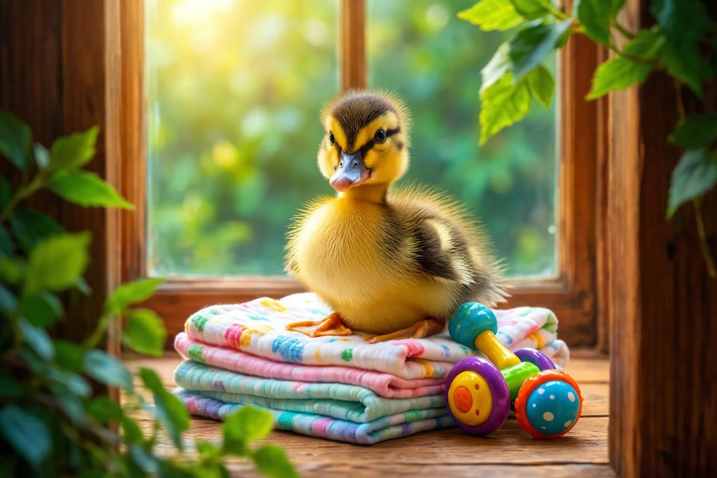 Een pluizig geel eendje zit op kleurrijke babydoeken op een houten vensterbank naast een veelkleurige rammelaar, in warm zonlicht met groen gebladerte rond het raam.