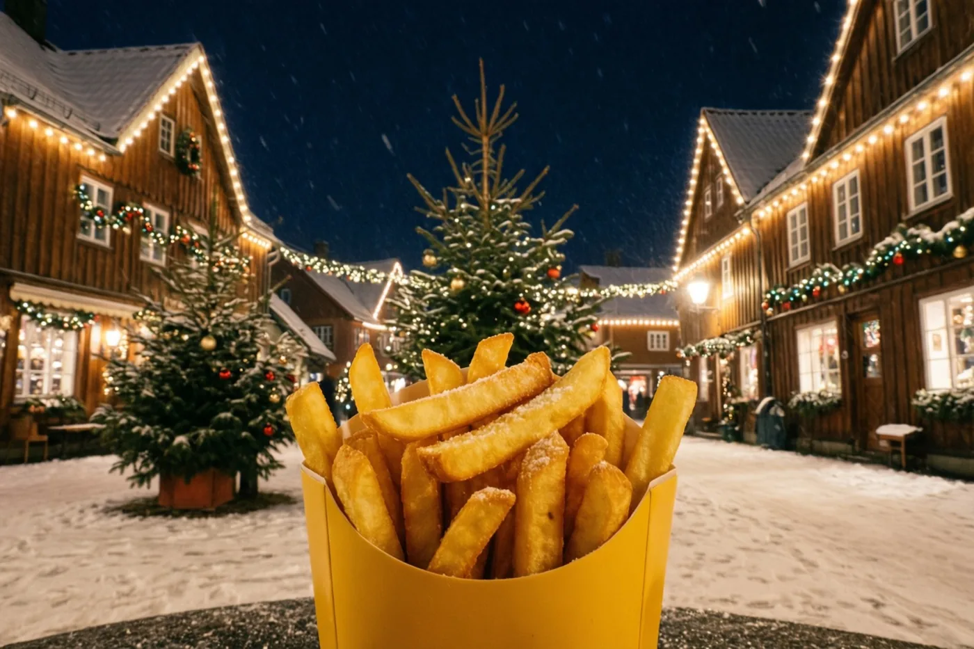 Een geel papieren bakje goudgele frieten staat op een besneeuwde ondergrond voor een dorpsplein met kerstlichtjes, besneeuwde dennen en verlichte houten gebouwen bij nacht.