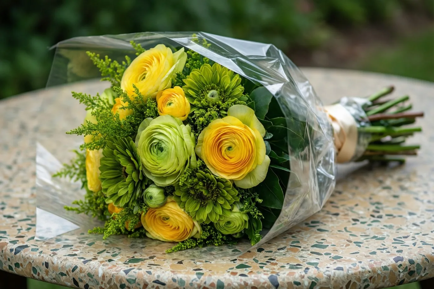 Een boeket gele en groene bloemen in doorzichtig cellofaan met een crèmekleurig lint ligt op een gespikkelde terrazzotafel buiten, tegen een wazige groene achtergrond.