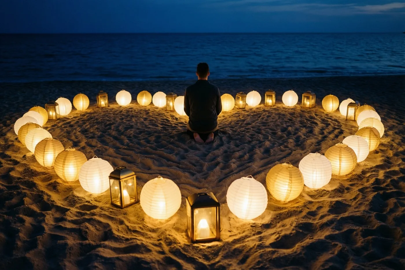 Een persoon knielt op een zandstrand bij nacht binnen een hart van brandende lantaarns, met warm geel en koel blauw licht voor een donkere zee onder een schemerlucht.