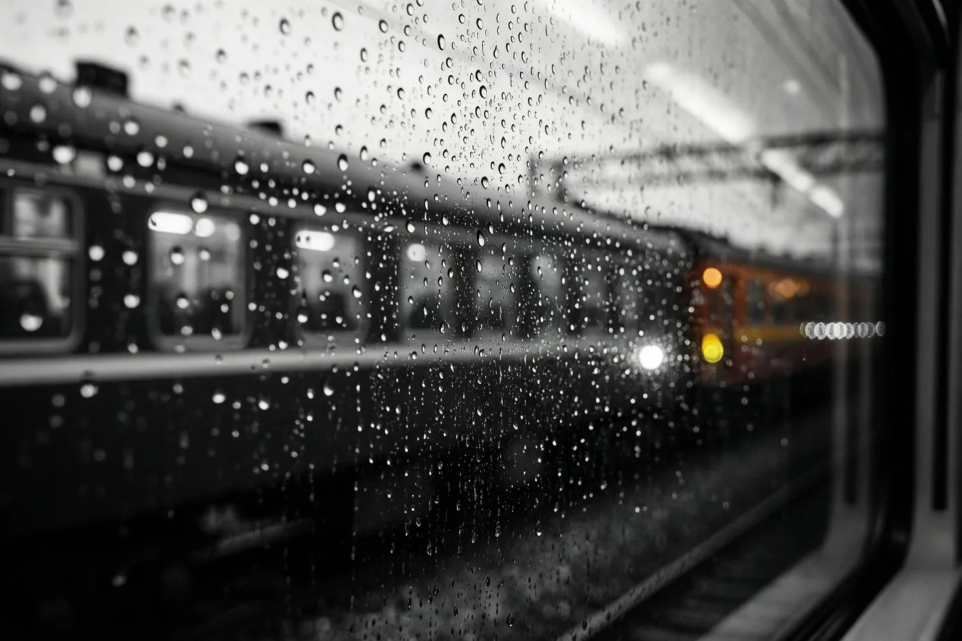 Door een treinraam met regendruppels zijn een andere trein en stationslichten onscherp te zien, in een monochroom beeld met één warmgeel licht.
