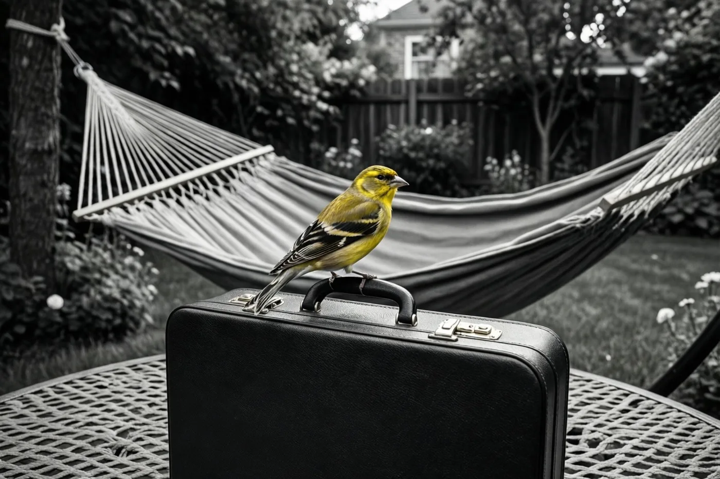 Een putter zit op het handvat van een zwarte aktetas op een metalen tuintafel, met een hangmat tussen bomen op de achtergrond en de vogel in felgeel tegen een zwart-witte omgeving.