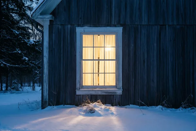 Eén raam van een donkere houten hoeve straalt warmgeel licht uit in een besneeuwde winternacht met blauwe en witte tinten.