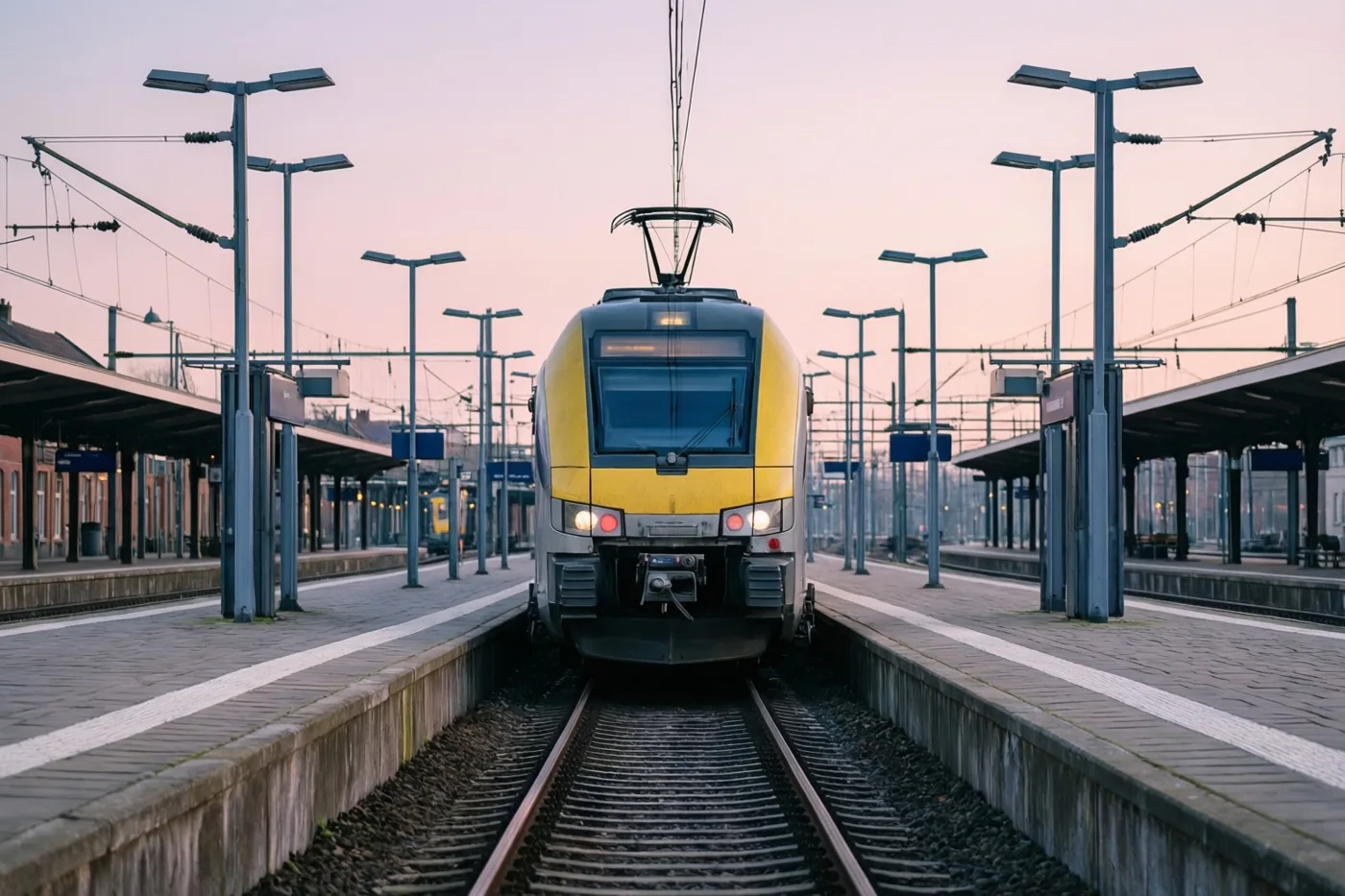 Een geelgrijze trein nadert een stationsperron onder een roze en paarse schemerlucht, tussen bovenleidingen en lantaarnpalen.