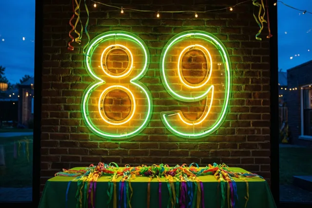 Een groot geelgroen neongetal 89 hangt buiten aan een bakstenen muur boven een tafel met kleurrijke slingers, met lichtslingers op de achtergrond in de schemering.