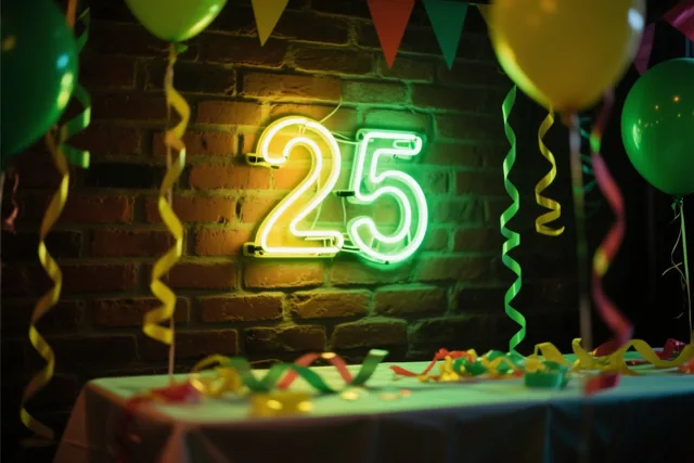 Een neonlicht met 25 in warm geel en groen hangt aan een bakstenen muur boven een feesttafel, met ballonnen en slingers in een groen, geel en rood kleurenpalet.