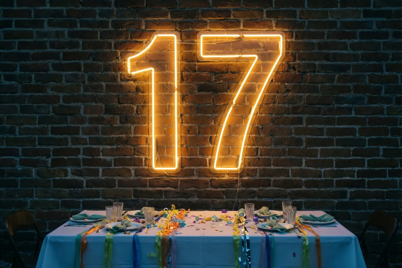 Een neongetal 17 straalt geeloranje licht uit boven een versierde feesttafel tegen een donkere bakstenen muur.